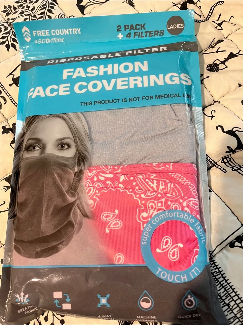 Free Country Two-Pack Face Coverings — Gray, Leopard, Pink Bandana